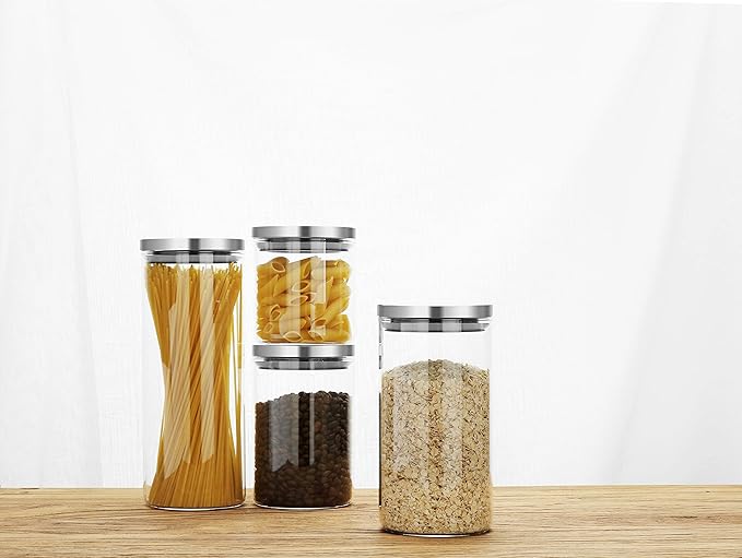 SIXAQUAE Glass Food Storage Containers Jar Stainless Steel Lids 4 Packs 600ml Airtight Canister Organization Sets Stackable