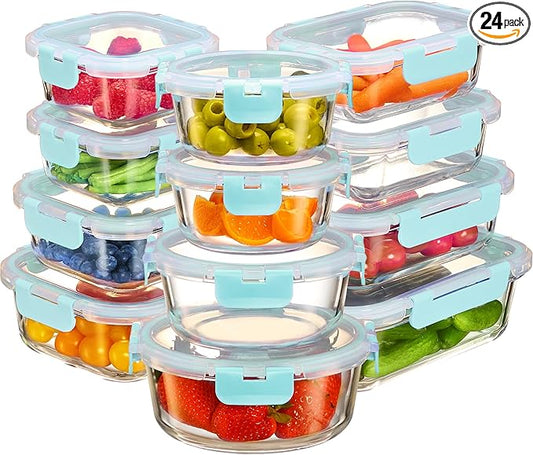 FineDine 24 Piece Glass Storage Containers with Lids - Leak Proof, Dishwasher Safe Glass Food Storage Containers for Meal Prep or Leftovers, Teal