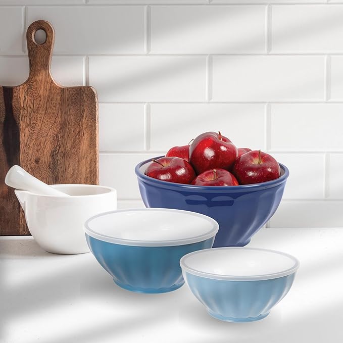Oggi Set of 3 Ribbed Mixing Bowls with Lids - Nested Plastic Bowls for Kitchen, Durable Mixing Bowls Set, BPA-Free Plastic Bowls with Lids - 1.6, 2.6, 3.7 Qt