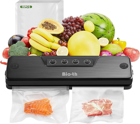 Bio-th Vacuum Sealer for Food Storage, Food Saver Vacuum Sealer Machine, Fast & Compact Vacuum Sealer for Food, Multi-Functional with Dry & Wet Modes, Includes 15pcs Big Size Bags (25x30cm)