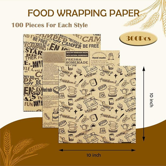 OTOPETE 300Pcs Food Paper Sheets, 10"x10" Greaseproof Paper Sheets, Three Patterns Kraft Paper, Food Basket Liner, Tray Liner, Wrapping Bread Hamburger Sandwiches, for Family, Bakery, Picnic, Party