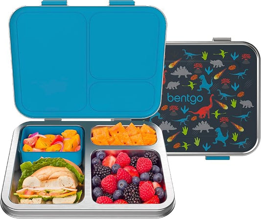 Bentgo Kids Stainless Steel Prints Leak-Resistant Lunch Box - 3-Compartments with Bonus Silicone Container, Durable, Eco-Friendly, Dishwasher Safe, BPA-Free, Ideal for School, Ages 3+ (Dinosaur)