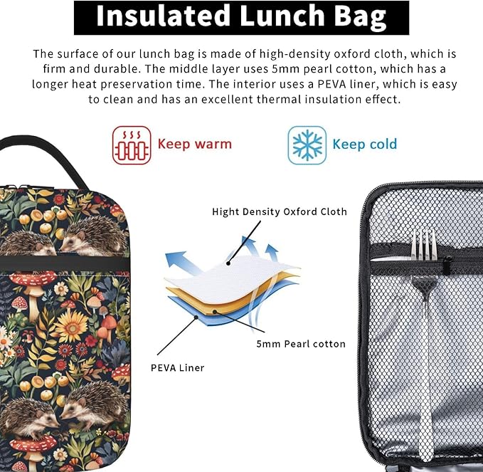 Insulated Lunch Box for Kids Boys Girls, Reusable Lunch Bag for School, Office, Work, Picnic, Travel, Forest Hedgehog Mushroom Lunch Box