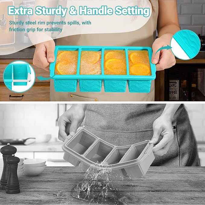 Silicone Freezer Tray for Soup with Lid – 1-Cup Soup Container Style Ice Cube Trays for Freezer, Meal Prep & Food Storage, Freeze 250mL/125mL Portions – 2 Pack