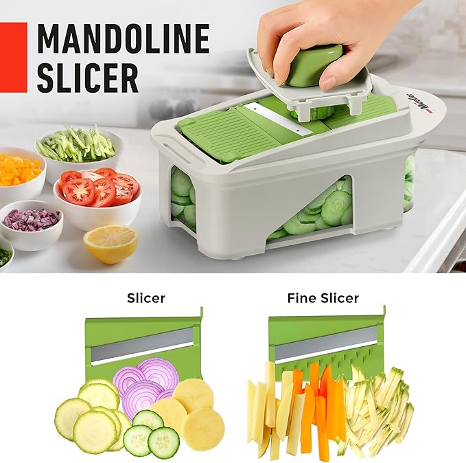 Mueller Pro-Series All-in-One, 12 Blade Mandoline Slicer for Kitchen, Food Chopper, Cucumber Slicer and Spiralizer, Cutter, Dicer, Grater, Gifts for Mom, Kitchen Essentials, White Sand/Green
