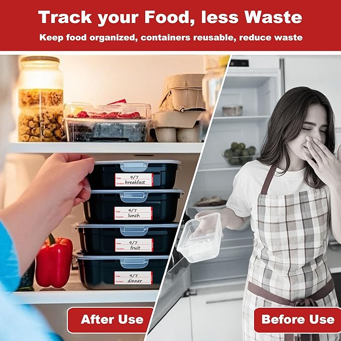 NATURALABEL 300 PCS Removable Freezer Labels with Dispenser - 1" x 3" Food Labels for Meal Prep Containers & Pantry Organizers, Easy Peel-Off Design, No Residue (Red)