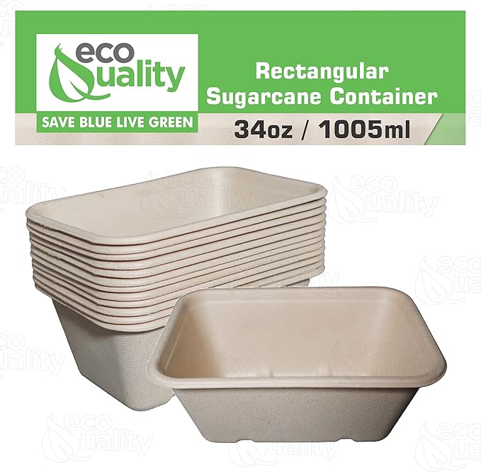 EcoQuality 34oz Disposable Bowls - Rectangular Compostable Sugarcane Fiber Biodegradable Paper Bowls Eco-Friendly Oblong Take Out Food Containers, Food Storage, Microwave Safe, Meal Prep (400 PACK)