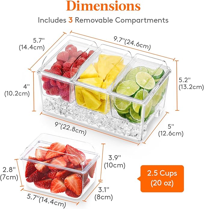 Lifewit 2 Pack Ice Chilled Condiment Caddy with 3 Containers(2.5 cup), Condiment Server with Separate Lids, Serving Tray Platter for Bar Accessories, Fruit, Salad, Taco, Party Garnish