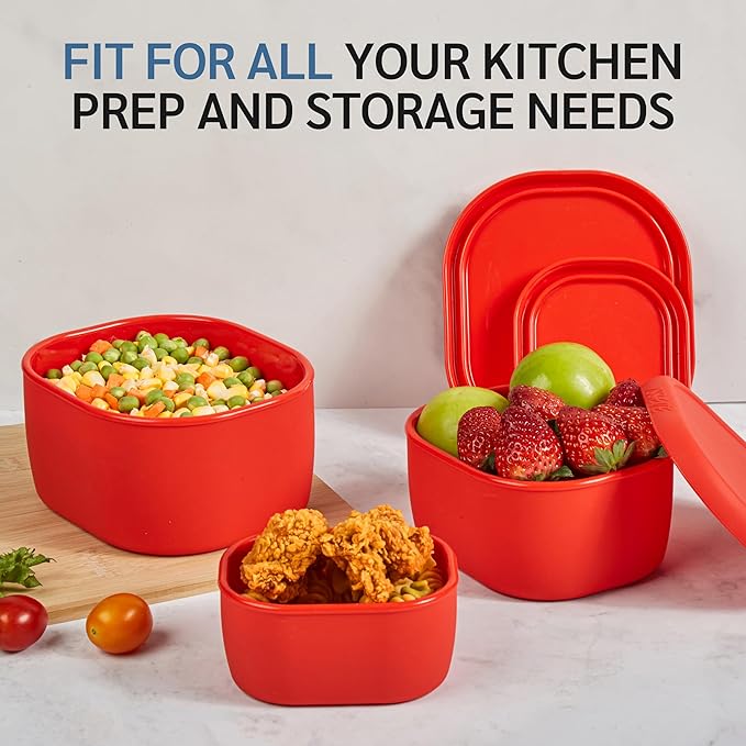 ISSEVE 6Pcs/Set Nesting Silicone Food Storage Containers with Lids, BPA Free Reusable Meal Prep Silicone Containers Lunch Box Bento Box Set (33.8oz, 20oz, 10oz, 6.7oz, 1.3oz) (Red)