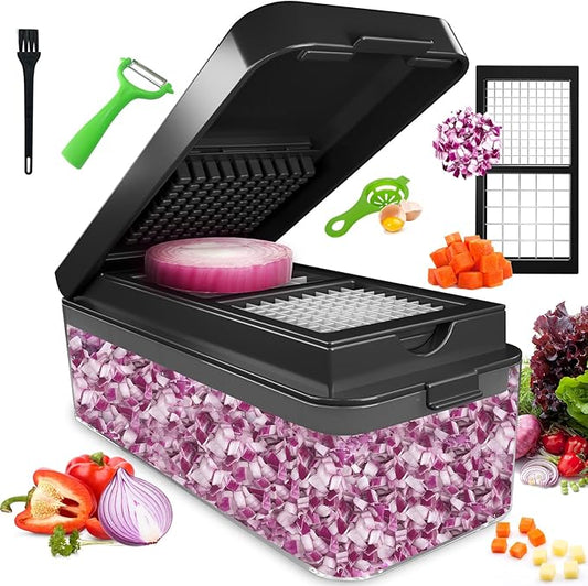 Vegetable Chopper, Onion Chopper Dicer, Mandoline Slicer, Food Chopper with Container, Vegetable Cutter for Salad Potato Carrot Garlic（2 Blades, Black）