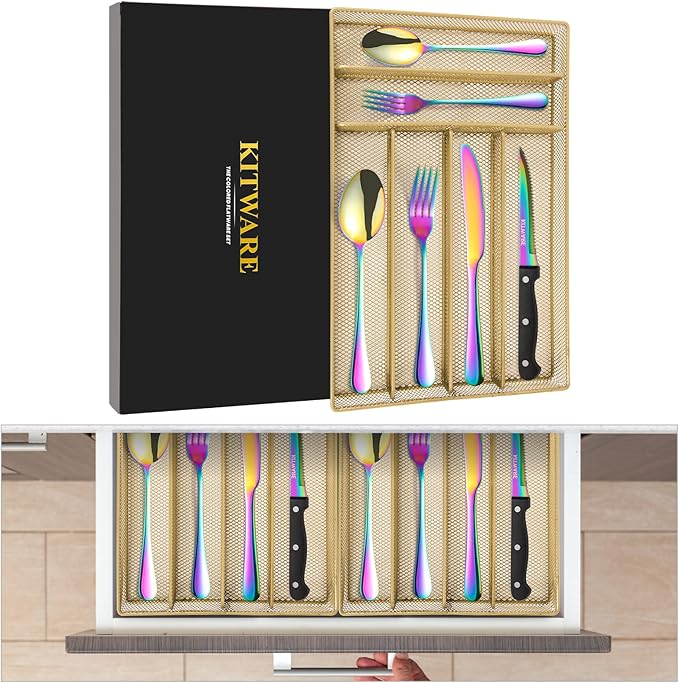 Rainbow Silverware with Organizer, 48 pcs Colorful Flatware for 8, Sleek Cutlery with Tray, Stainless Steel Utensil, Iridescent Fork Spoon Knife for Home & Kitchen Restaurant