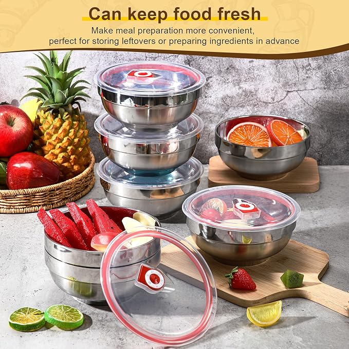 Honeydak 8 Pcs Stainless Steel Mixing Bowls with Lids Large Insulated Metal Double Walled Noodle Soup Snack Bowls Leak Proof Food Storage Container(65 oz)