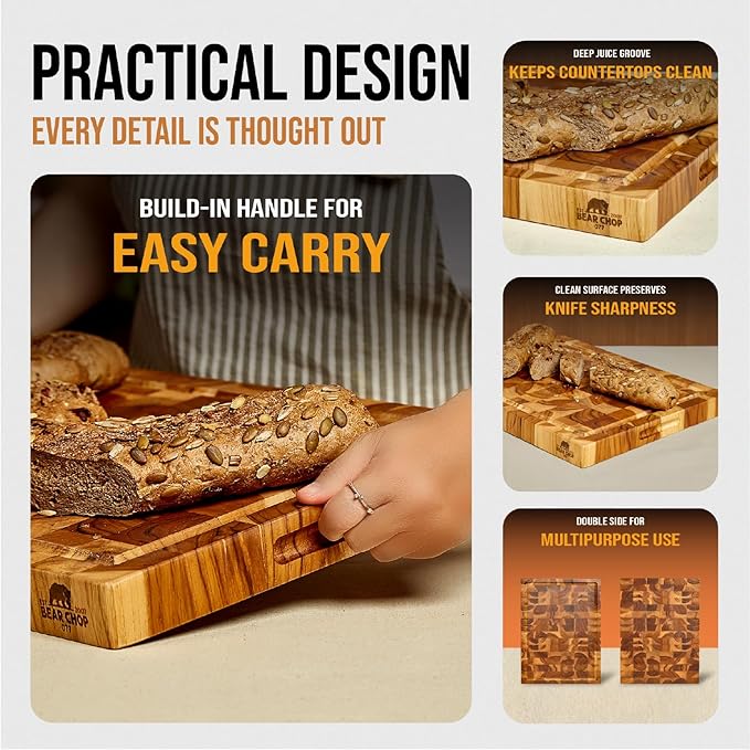 Bearchop Teak Cutting Boards for Kitchen, [20" x 15" x 1.5"] Large End Grain Cutting Boards, Solid Teak Wood Butcher Block Cutting Board with Juice Grooves and Handle, Knife Friendly and Reversible