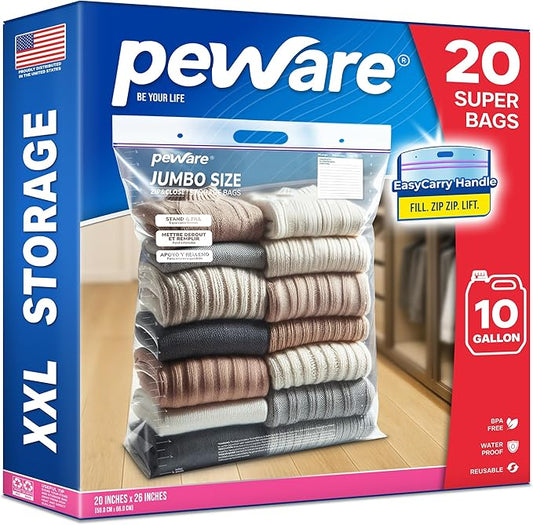 Jumbo Plastic Storage Bags, Extra Large 10Gallon Resealable Zipper Lock Seal Bags for Bedding, Clothes, Travel, and Food, Moving Totes, 20"x26", 20 Pack