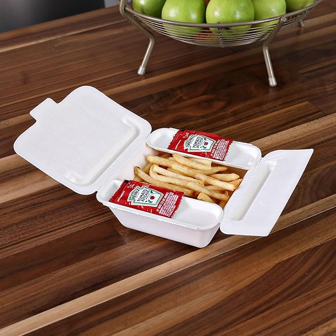 ECO PRODUCTS Compostable 22oz One-Piece To Go Containers, Case of 300, 6"x5.5"x2" Vanguard Folia Innovative Container, Disposable Renewable White Molded Fiber, No PFAS, Tree-Free, ASTM, BPI-Certified