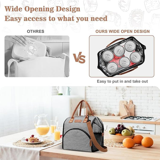 LOKASS Lunch Bag Insulated Lunch Box Wide-Open Lunch Tote Bag with Removable Shoulder Strap for Women/Men Adults Work Picnic Hiking Beach Fishing(Stripes)