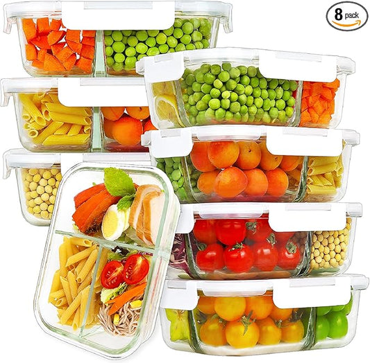 HOMBERKING 8 Pack Glass Meal Prep Containers 3 Compartment, 36oz Glass Food Storage Containers with Lids, Airtight Lunch Bento Boxes, Leak Proof (8 lids & 8 Container) - White