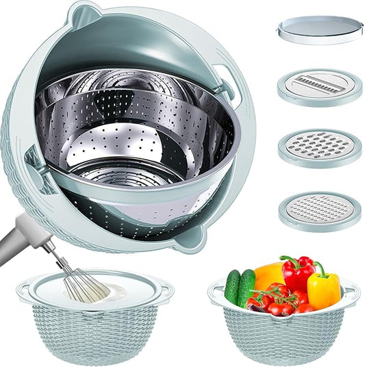 4 in 1 Colander with Mixing Bowl Set, Colander for Kitchen, Strainers and Colanders, Pasta Strainer, Rice Washer, Fruit Cleaner, Veggie Wash, Aesthetic Kitchen Essentials - Blue