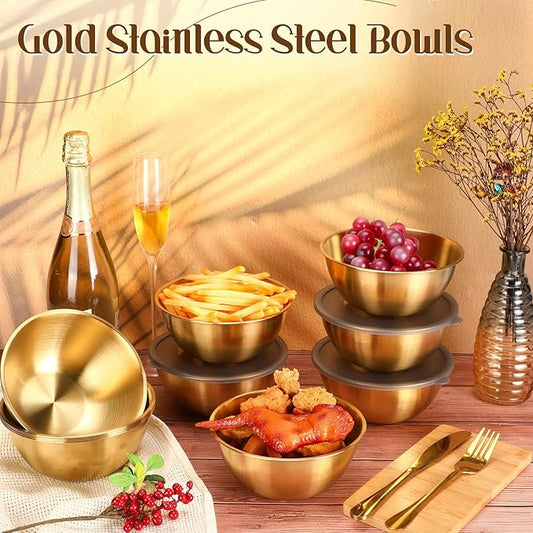 Nuogo 12 Pack 6.69 inches Gold Mixing Bowls with Airtight Lids Gold Stainless Steel Serving Bowl Metal Salad Fruit Soup Kitchen Accessories for Lunch Snack