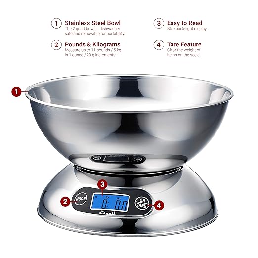 Escali Rondo Contemporary Kitchen Bowl Scale 2-Quart, Dishwasher Safe Bowl, Measures Liquids and Dray Ingredients, LCD Digital Display, 11lb Capacity, Stainless Steel