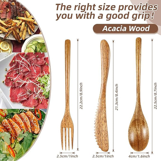 Geiserailie 12 Pcs Wooden Utensils for Eating Wooden Spoon Fork Knife Cutlery Set Kitchen Wood Dinner Flatware Tableware Set Includes Spoon, Fork, Knife (Acacia Wood)