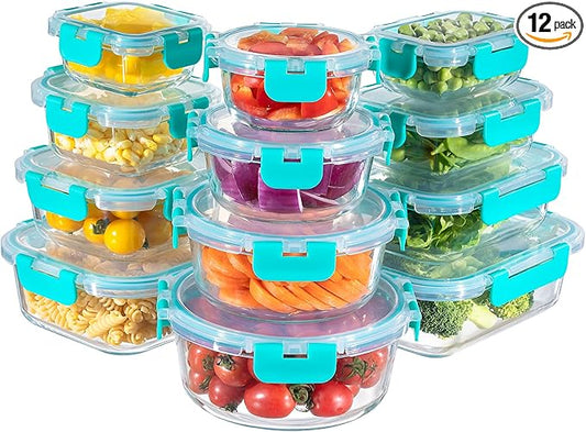 MFY 12-Pack Glass Storage Containers with Lids, Glass Meal Prep Containers Set, Airtight Lunch Containers with Lids, Microwave, Oven, Freezer and Dishwasher Safe, Green