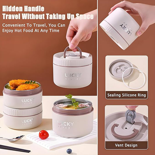 Stainless Steel Lunch Box, 3-Tier Insulated Bento Box Microwave Safe Soup Bowl for Adults, Thermal Food Container for Office Workers (Beige, 2pcs + Tableware + Insulated Bag)