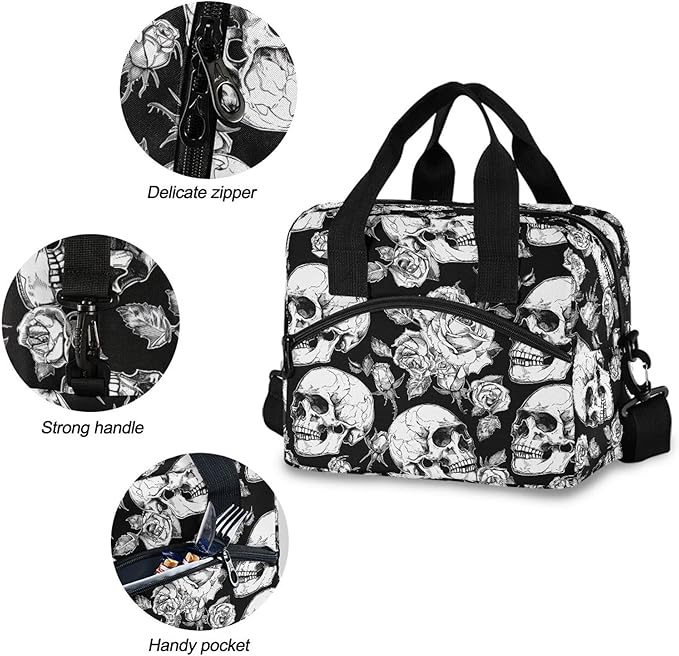 MNSRUU Insulated Lunch Bag Gothic Skulls and Flowers Women Men Fabric Dinner Tote Cooler Bag Reusable Leakproof Lunch Box with Adjustable Shoulder Handles Strap For Work School