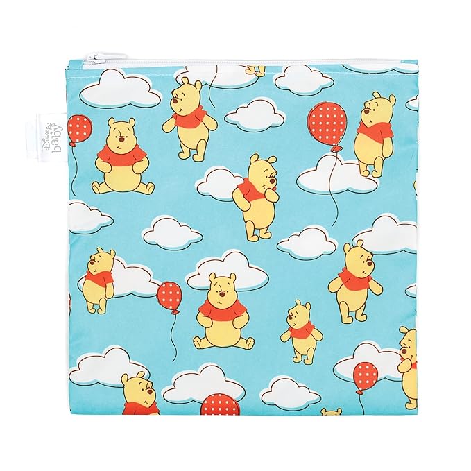 Bumkins Disney Reusable Sandwich and Snack Bags, for Kids School Lunch and for Adults Portion, Washable Fabric, Waterproof Cloth Zip Bag, Travel Pouch, Food-Safe Storage, Large, Winnie the Pooh