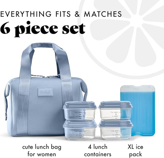 Fit & Fresh Neoprene Lunch Bag For Women, Insulated Womens Lunch Bag For Work, Tear & Stain Resistant Large Lunch Box For Women With Containers and Ice, Machine Washable Remi Lunch Bag, Slate Blue
