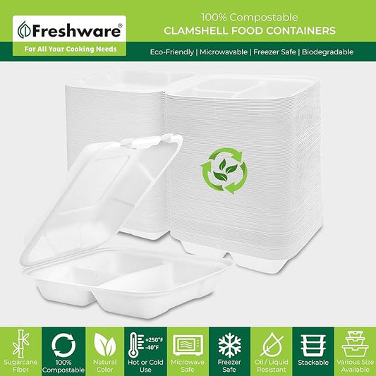 Freshware Clamshell Food Containers with Lids [9x9] 3-Compartment 50-Pack, Disposable To Go Containers, Biodegradable Sugarcane To Go Boxes - Paper Containers - Microwave & Freezer Safe, Stackable