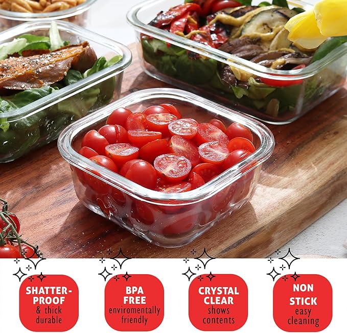 EATEX 16pc Glass Food Storage Containers with Lids, Airtight Glass Meal Prep Containers, 8 Reusable Glass Food Containers with 8 Leakproof Snap Lock Lids, Oven Microwave Freezer Safe Lunch Containers