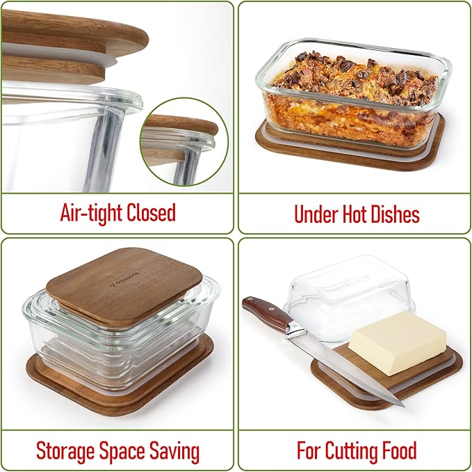 Glass Food Storage Containers With Acacia Lids – Glass Meal Prep Containers – Set of 4 Airtight Stackable Food Storage Kitchen Containers – Eco-Friendly Oven Safe Nesting Lunch Containers