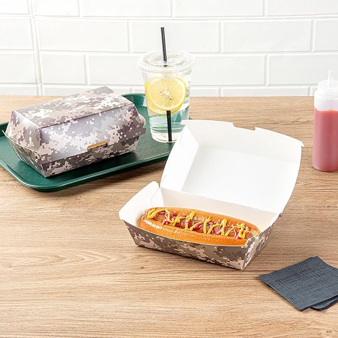 Restaurantware Bio Tek 6.7 x 3.5 x 3.5 Inch Clamshell Food Containers 100 Disposable Sandwich Containers - Hinged Lid Tab-Lock Closure Camouflage Paper Hot Dog Containers Durable Greaseproof