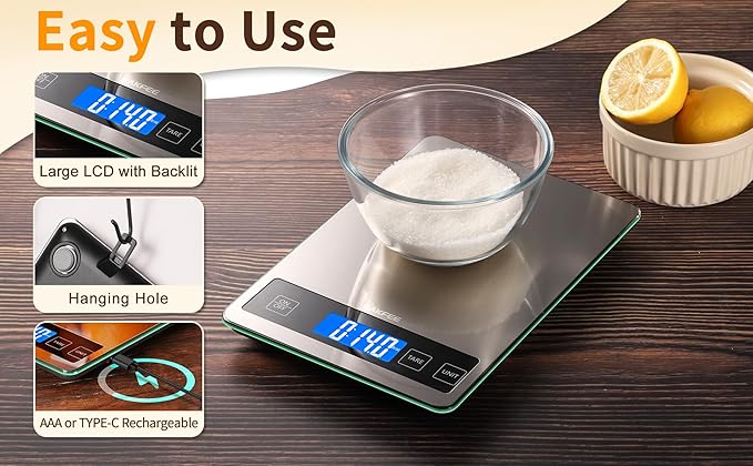 33LB Digital Kitchen Scale with Tempered Glass and Stainless Steel Surface, USB Rechargeable, 1g/0.1oz Food Scale for Baking, Making Sourdough Bread, Meal Prepping
