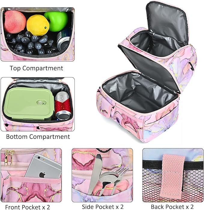 LOKASS Lunch Bags for Women Double Deck Insulated Lunch Box Large Cooler Tote Bag with Removable Shoulder Strap Wide Open Thermal Meal Prep Lunch Organizer Box for Adults/Work/Outdoor, Pink