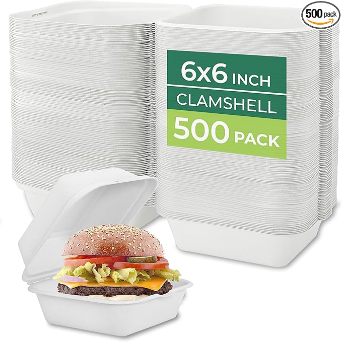 Freshware Clamshell Food Containers with Lids [6x6 500-Pack] Disposable To Go Containers, Biodegradable Sugarcane To Go Boxes - Paper Container - Microwave & Freezer Safe, Stackable