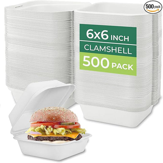 Freshware Clamshell Food Containers with Lids [6x6 500-Pack] Disposable To Go Containers, Biodegradable Sugarcane To Go Boxes - Paper Container - Microwave & Freezer Safe, Stackable