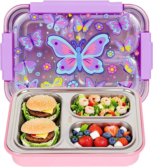 Stainless Steel Bento Lunch Box for Kids, 710ml/23.5oz BPA-Free Leak-Proof Food Containers with 3 Compartments, Back to School Students Daycare Lunches Snack Container Size for Ages 3-7