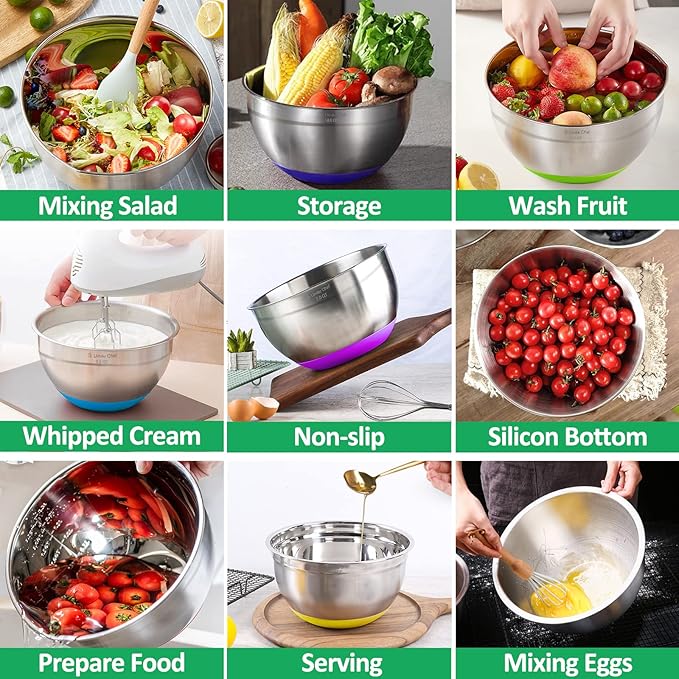 Umite Chef 22Pcs Mixing Bowls with Airtight Lids, Stainless Steel Nesting Mixing Bowls Set for Baking, Prepping, Non-slip Silicone Bottom, Colorful Bowls with Kitchen Gadgets for Mixing, Serving
