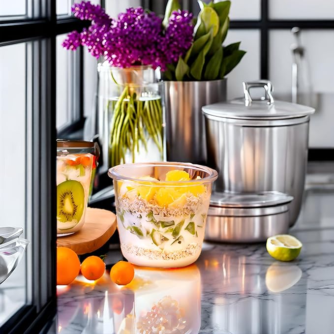 Glass Soup Containers with Lids, 3 Cup Round Glass Food Container Set, Leakproof Overnight Oats Jars, BPA-free kitchen Meal Prep Containers, Microwave, Freezer, Dishwasher Safe (Purple)