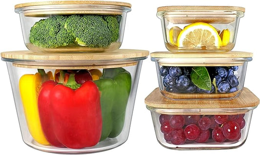 Glass Containers with Bamboo Lids for Food Storage and Meal Prep, Set of 5