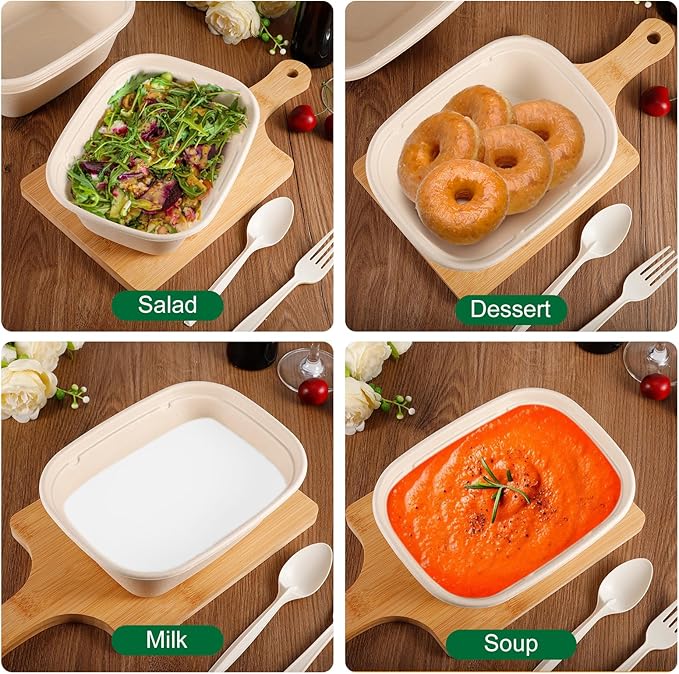 50 Pack 50 OZ Large Paper Bowls with Lids,Heavy Duty Disposable Bowls Bulk,Compostable Paper Take Out Food Containers for Hot/Cold Use,Leakproof,Microwave Safe