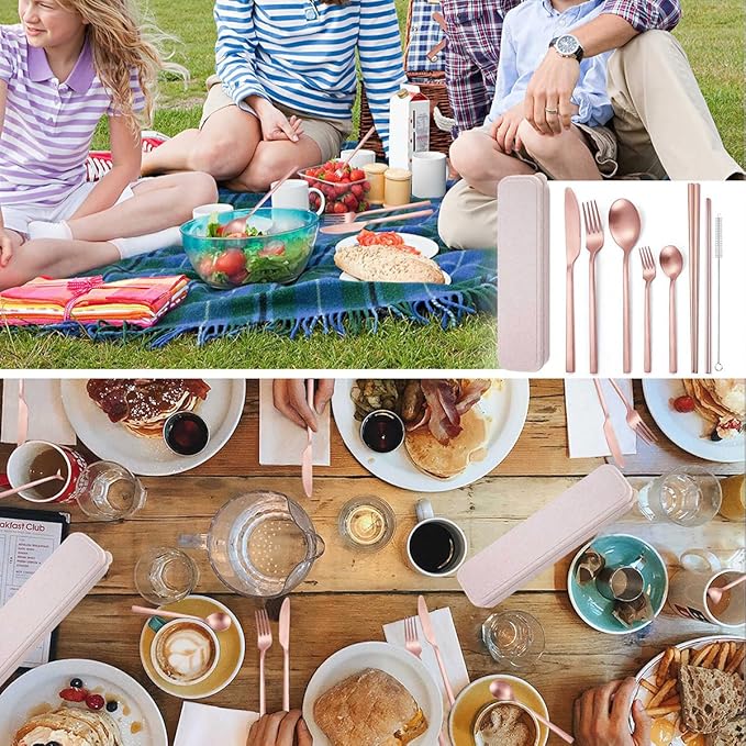 AARainbow 8 Pieces Stainless Steel Flatware Set Portable Reusable Cutlery Set Travel Utensils Set Including Chopsticks Knife Fork Spoon Straws Cleaning Brush Dishwasher Safe (B-Rose Golden)