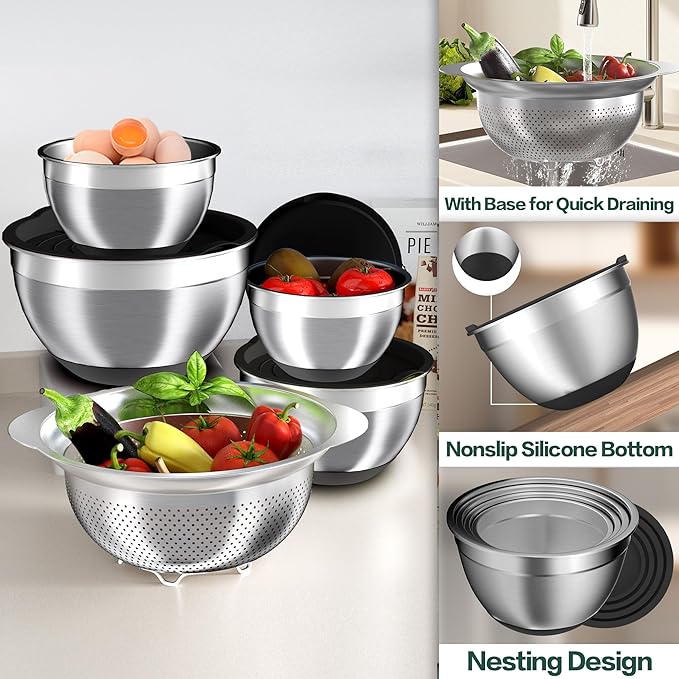Mixing Bowls with Airtight Lids Set, 4 Stainless Steel Bowls Nesting Bowls & Colander, Kitchen Organizers and Storage Non-Slip Bottom, Size 1.5/2.0/2.5/4.0QT, Great for Mixing & Serving, Black