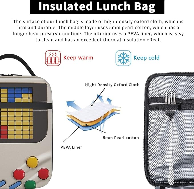 Insulated Lunch Box for Boys Girls Kids Video Game Lunch Box for Work,Picnic,School,Travel,Hiking,Beach or Fishing Polyester Video Game Theme Lunch Bag