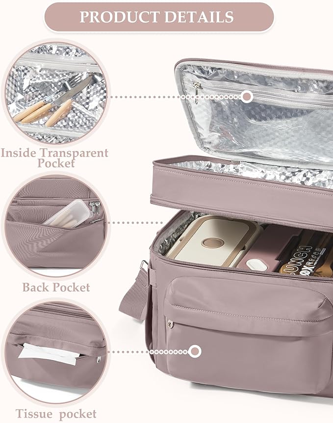 Lunch Box Women Insulated Lunch Bag Men Expandable Waterproof Leakproof Lunch Boxes Large Lunch Tote Cooler Bag for Work with Water Bottle Holder Pink Purple
