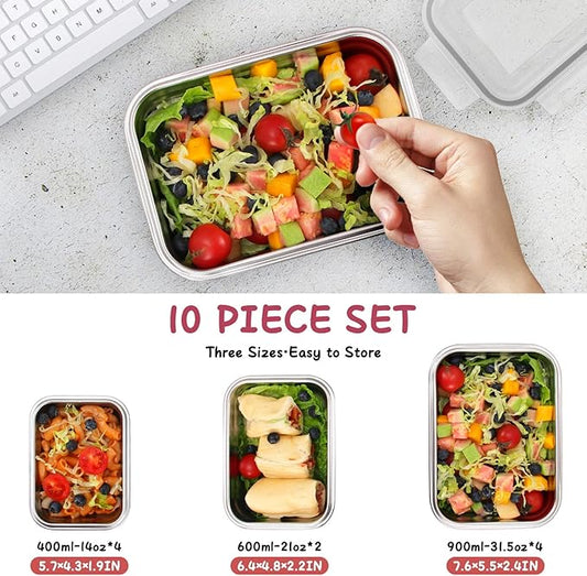10 PC Square 304 Stainless Steel Food Containers with Lids, Airtight Bento Lunch Box, Metal Meal Prep Food Containers Reusable Stackable | Nestable Oven/Dishwsher/Freezer Safe