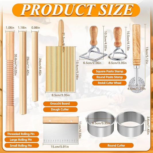 Pasta Making Tools, 10 Pcs Wood Pasta Making Kit with 3 Rolling Pins, 1 Gnocchi Board, 1 Dough Cutter, 1 Ravioli Cutter, 2 Pasta Stamps, 2 Round Cutter, Ravioli Pasta Cutter Set for Pasta Maker