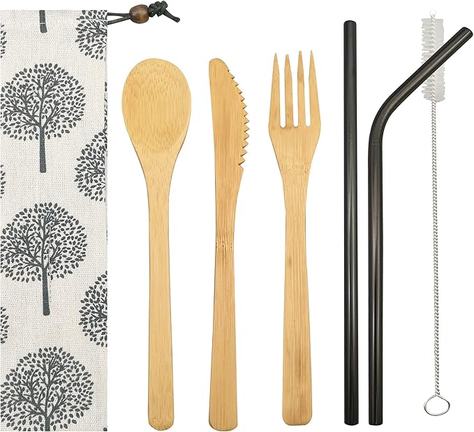 UPTRUST 2 Set Reusable Bamboo Cutlery Set - 6-Piece Flatware with 7.8 Inch Bamboo Knife, Fork, Spoon - 3 Colors Metal Straw and Clean Brush